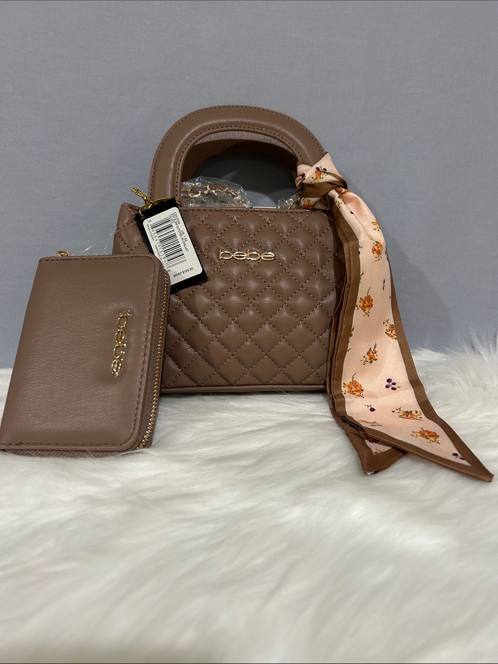 Bebe Sofie Small Quilted Satchel w Wallet in Taupe Crossbody Chain NWT